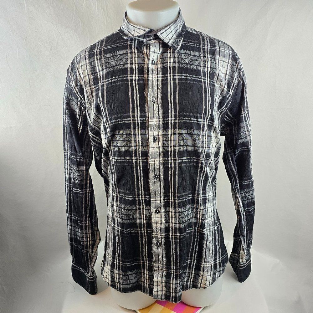 Bugatchi Shirt mens Large Black Button Up Plaid Pasiley Lightweight Casual Slim